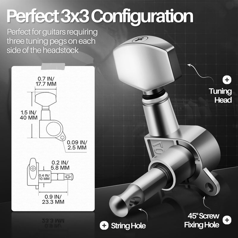 Flexzion Acoustic Guitar Tuning Pegs - 3x3 Chrome Finish Acoustic and Electric Guitar Tuner Pegs - 6 Pieces Locking Keys String Tuner Machine Heads Knobs Replacement, Silver - Image 5